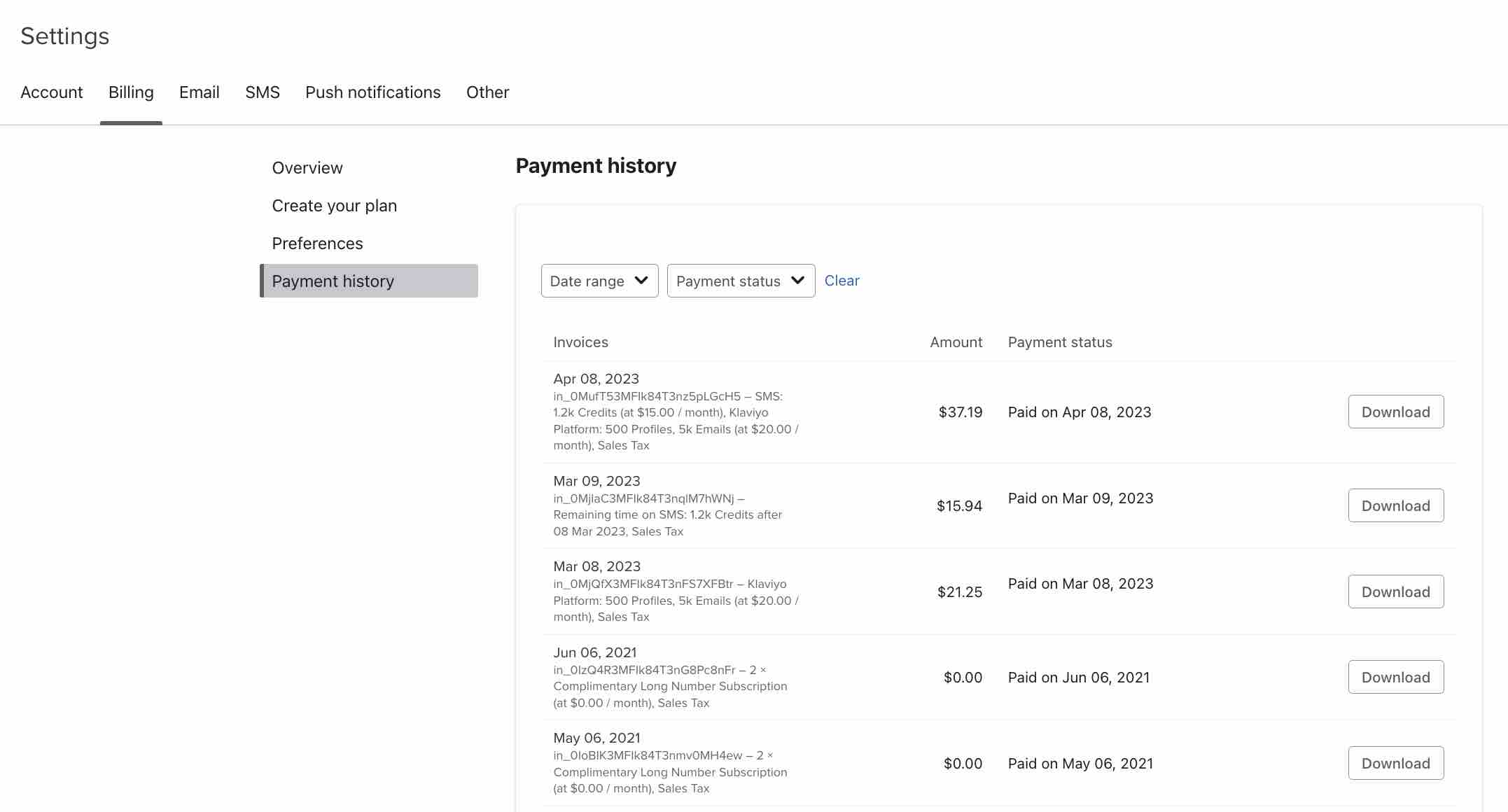 Payment history tab, where you can view your invoices