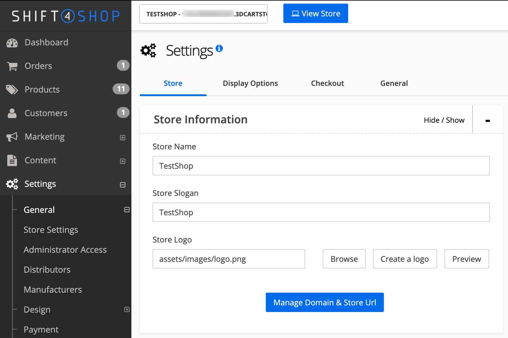 Página de configuración de Shift4Shop mostrando la información de la tienda