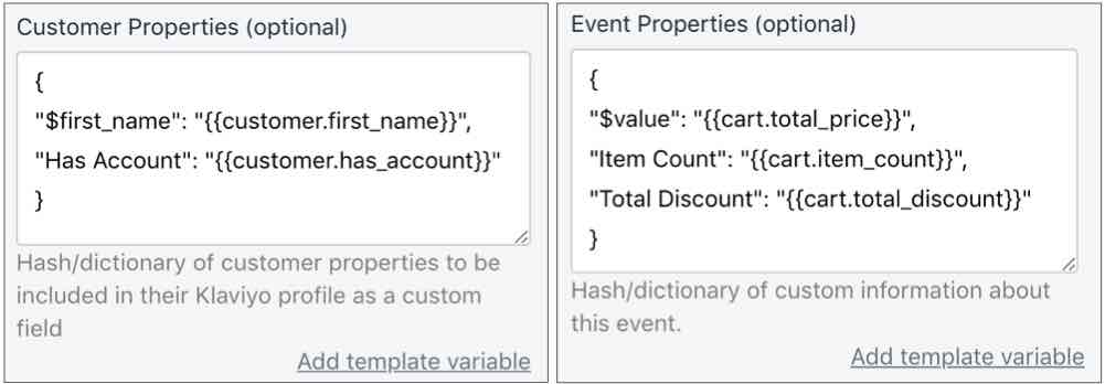 Customer properties box with first name and Has Account, and Event properties box with value, item count, and total discount