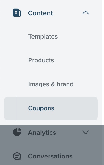 Klaviyo's main navigation menu with the Content tab dropdown open to select Coupons.