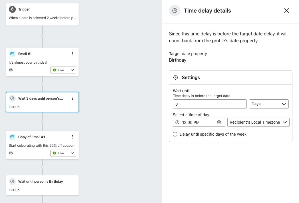 Example of a birthday flow with a delay set 3 days at 12 pm before the Birthday date property.