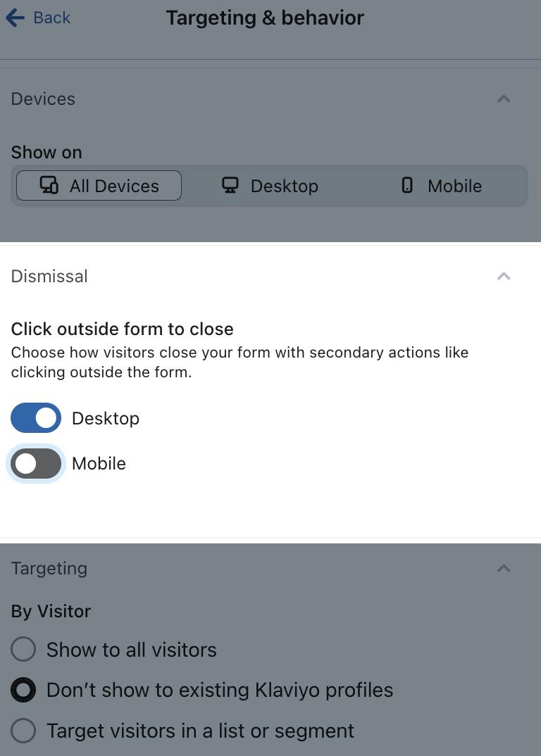 The dismissal setting for a popup form with the desktop setting switched on and the mobile setting switched off.