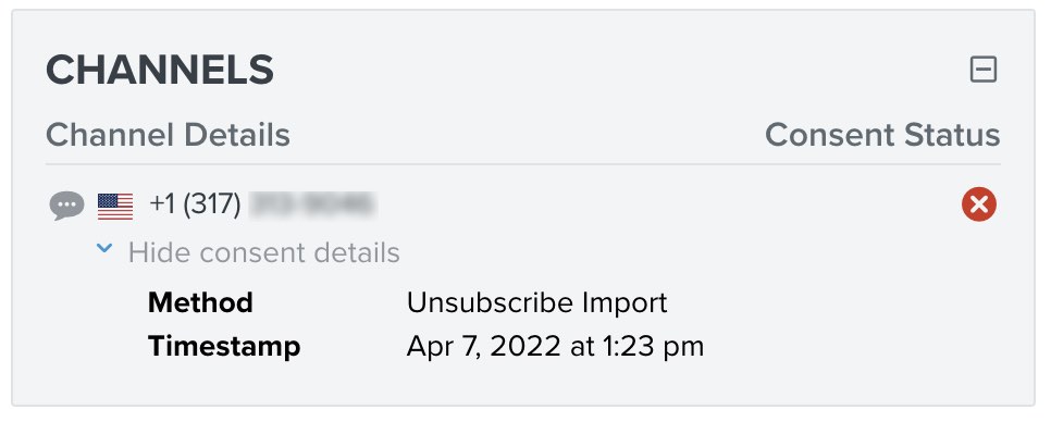 In Klaviyo, a profile's SMS consent is marked with a red X to show they are unsubscribed