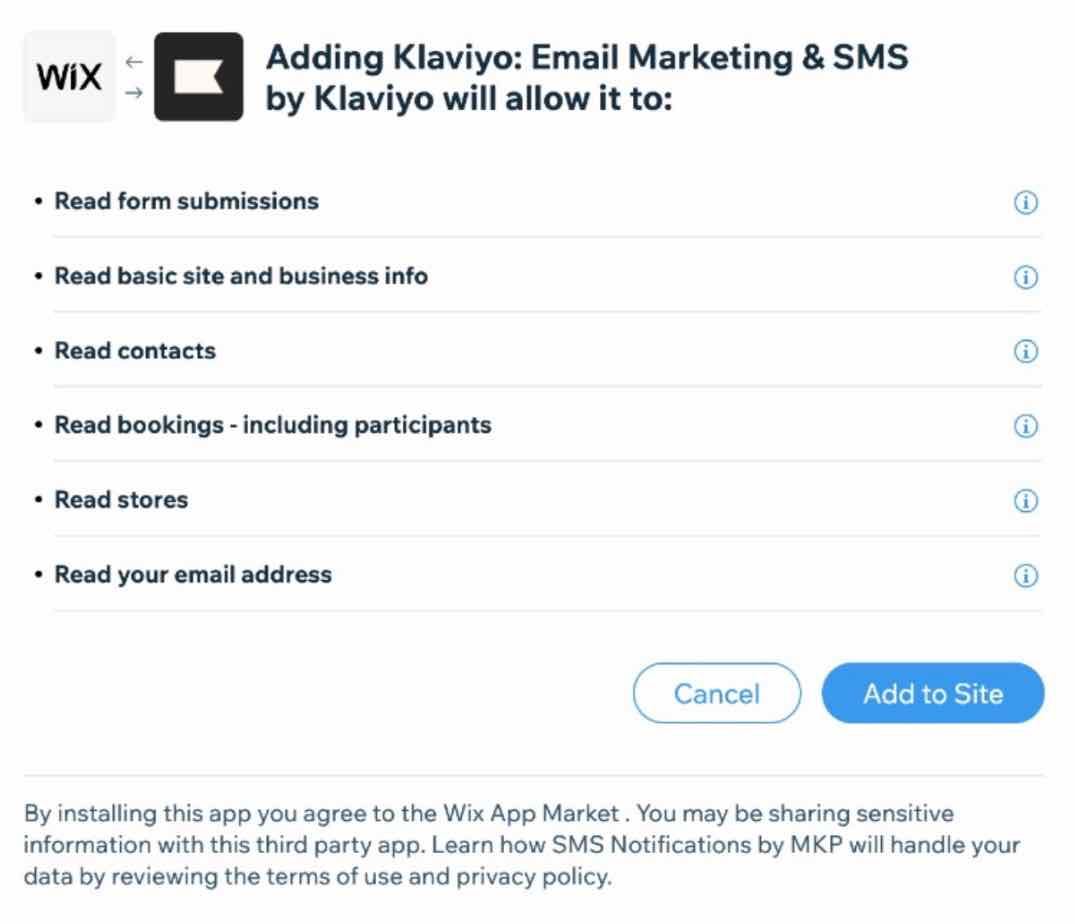 Wix Klaviyo integration permissions page with permissions listed, with Add to Site with blue background, and Cancel with white background