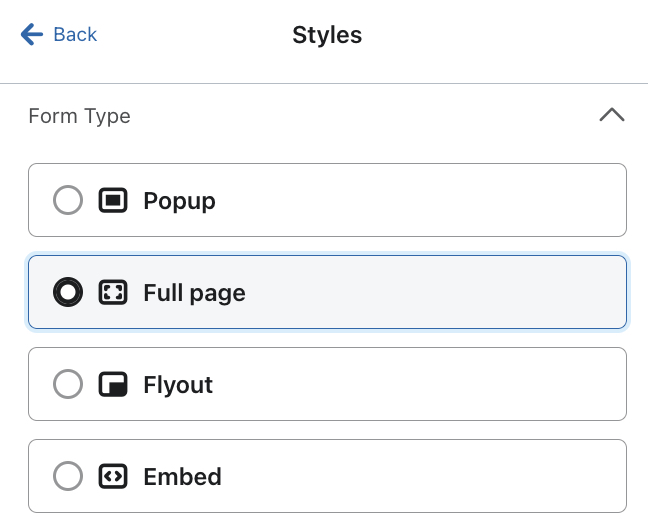 Section « Styles » ouverte dans l’éditeur de formulaires et montrant l’option « Pleine page » sélectionnée dans le menu « Type de formulaire »