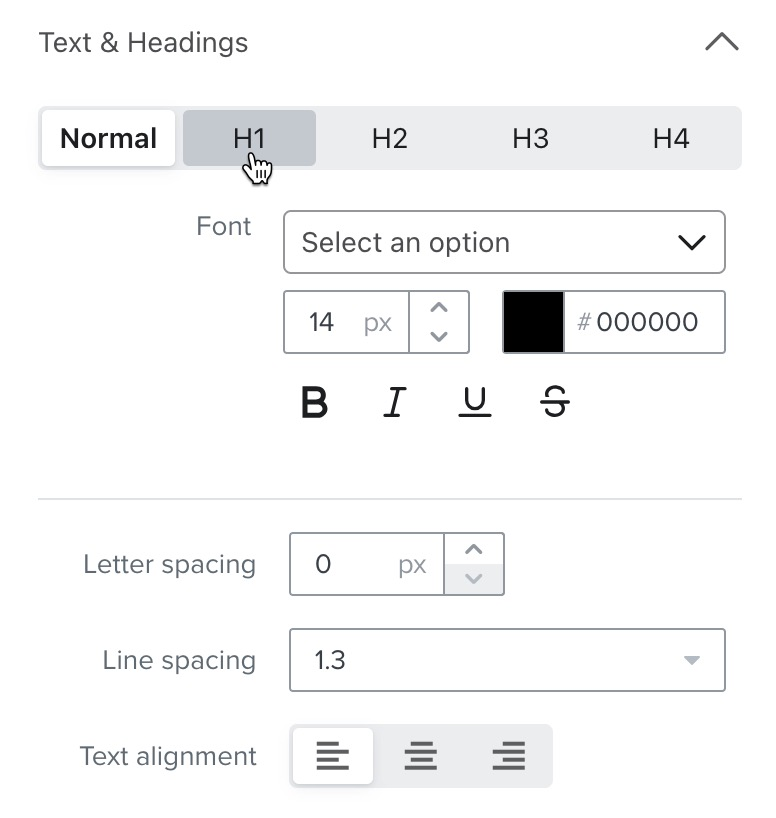 Adição de configurações para diferentes estilos de texto, como Normal ou H1