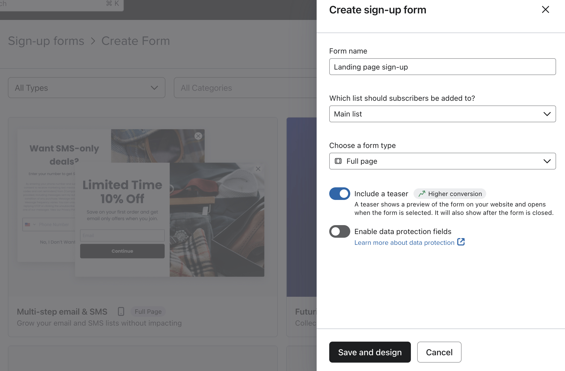 The creation modal that appears when you choose a template in the form library where you name, choose a list for, and choose a style type for a new form.