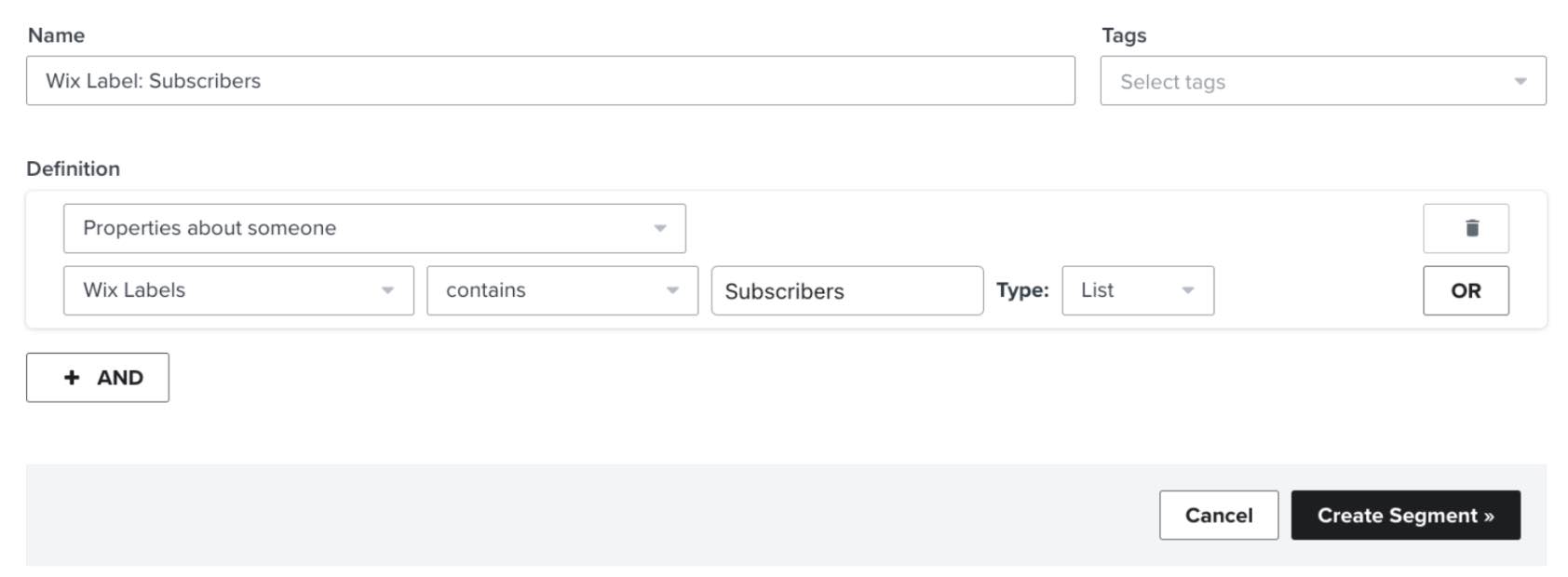 Segment builder with segment Wix Label Subscribers