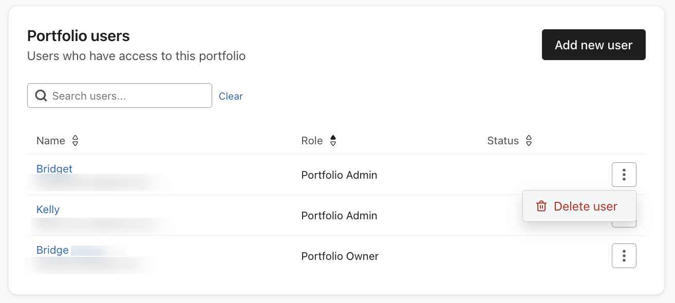 Delete user option in a portfolio's Users tab