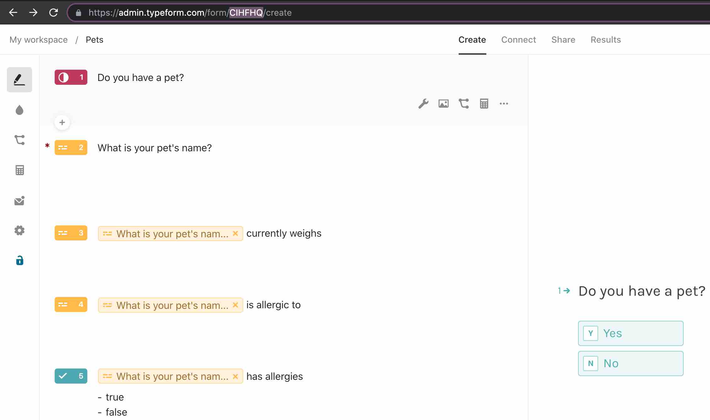 Ejemplo de formulario abierto en Typeform con el ID resaltado en la barra de URL