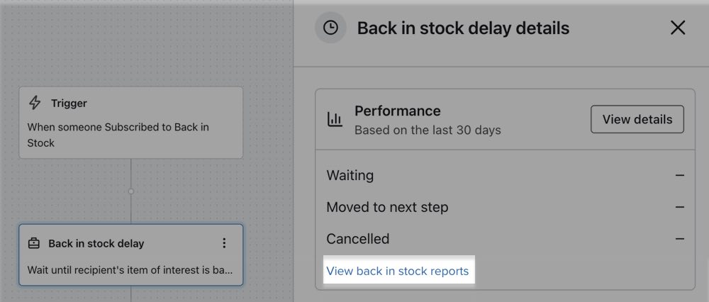 Left sidebar inside a back in stock delay component, with the cursor hovering over the link for View Back in Stock Product Request Report