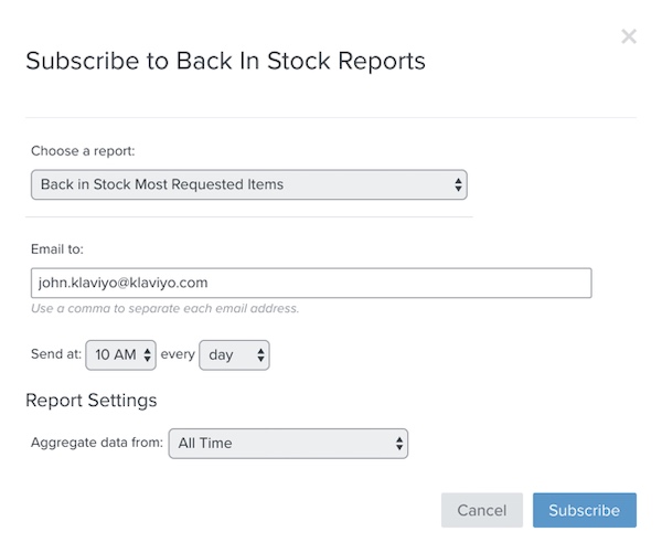 Klaviyo stock reports modal, with menu options for report to subscribe to, a field for email address, and menus for frequency of delivery