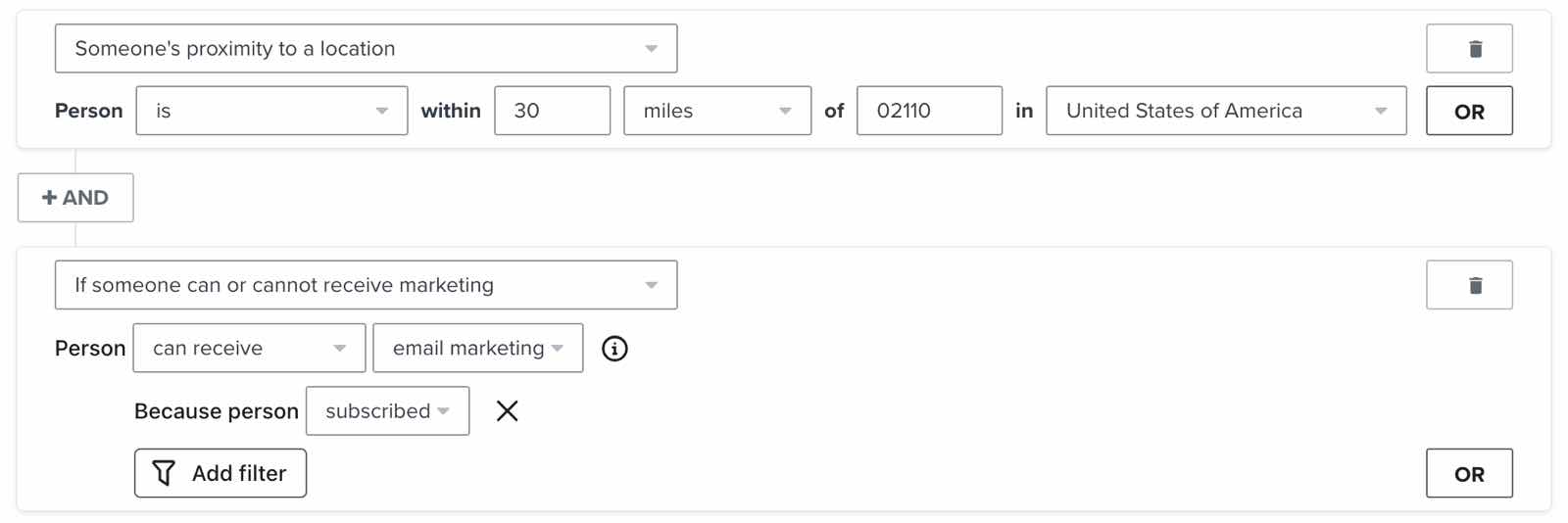 Segment de profils situés à proximité d’un certain code postal