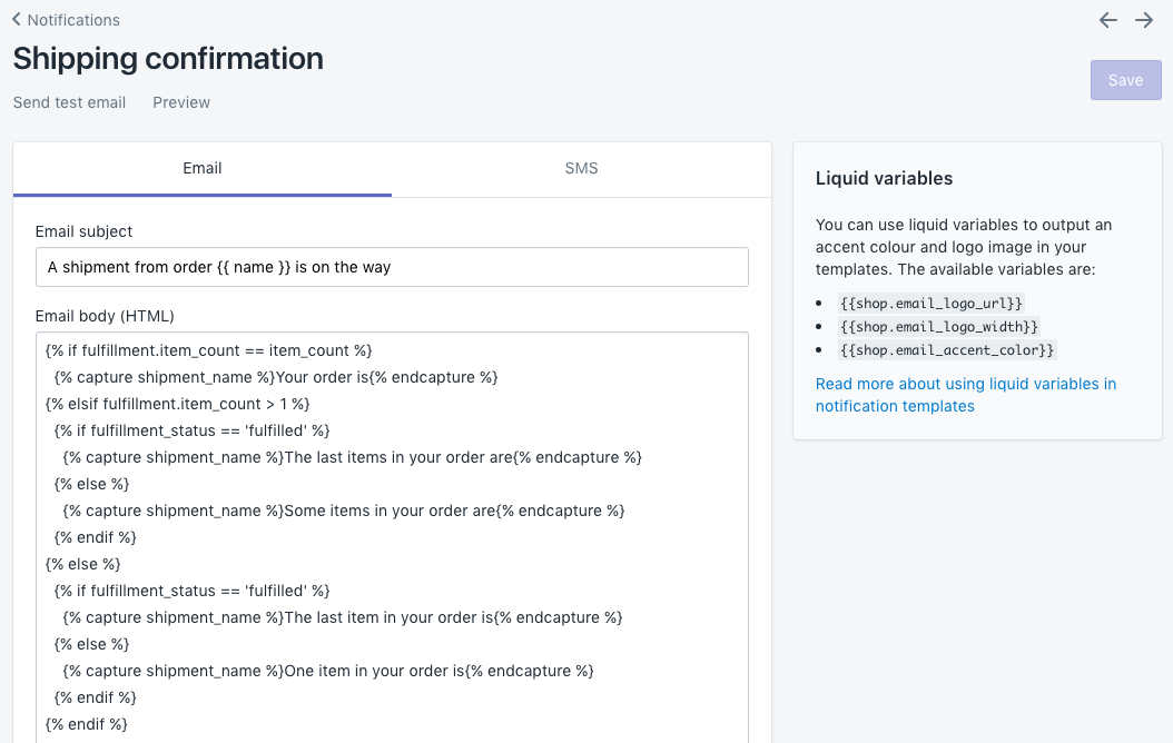 Modèle d'email de confirmation d'expédition dans Shopify indiquant l'objet de l'email, le corps de l'email en HTML, avec des options de prévisualisation, d'envoi d'un email de test et d'enregistrement.