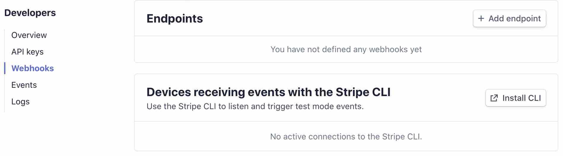 Pestaña Webhooks en Stripe mostrando la sección de endpoints con el botón de añadir endpoint