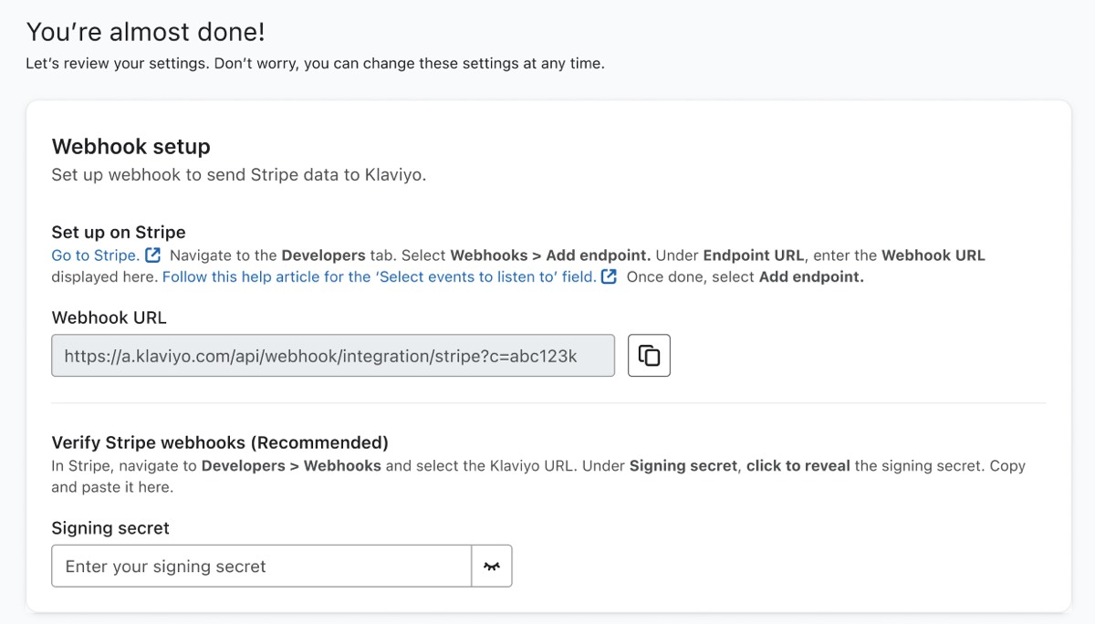 La página de configuración de la integración de stripe.