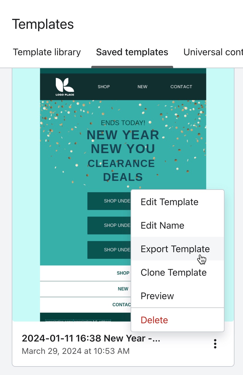 Export template HTML