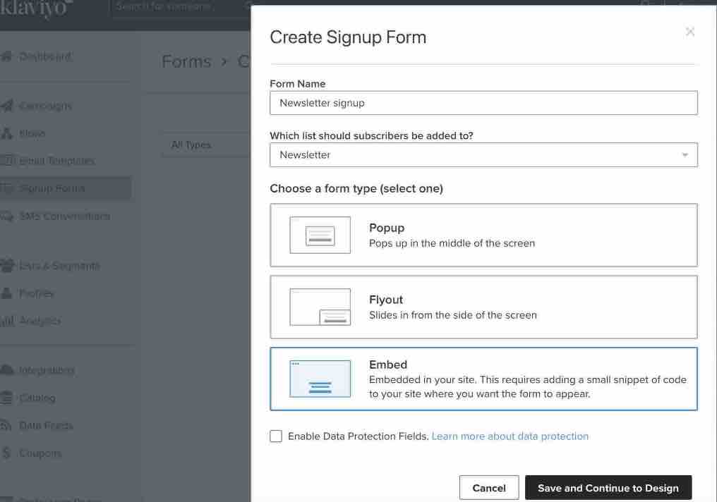 Fenêtre modale Create Signup Form montrant la création d’un formulaire d’inscription. On peut voir que l’utilisateur crée un formulaire intégré.