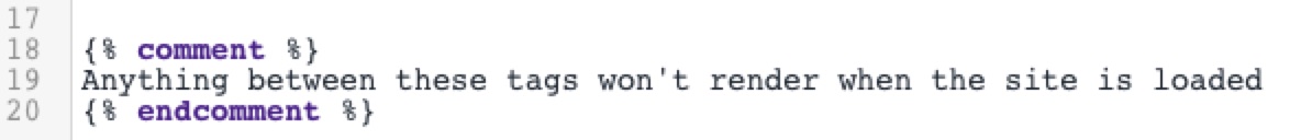 As tags de comentário envolvem um espaço reservado para código em um arquivo líquido da Shopify 