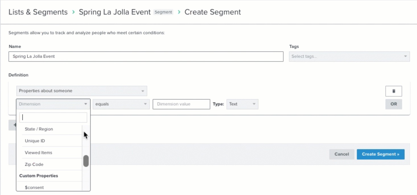 Klaviyo segment builder showing segment called Spring LaJolla Event