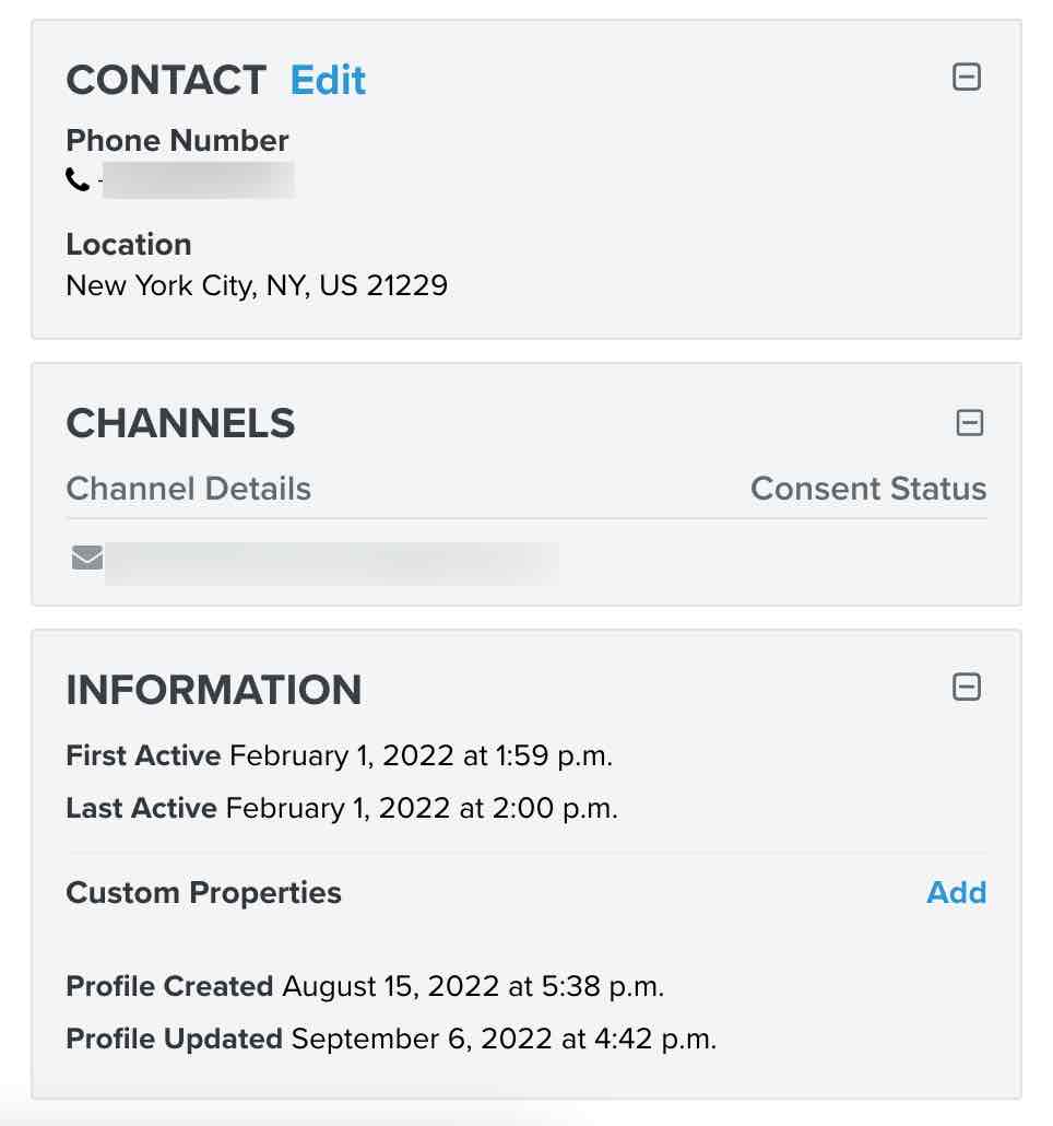 Secciones de contacto, canales e información de un perfil en Klaviyo