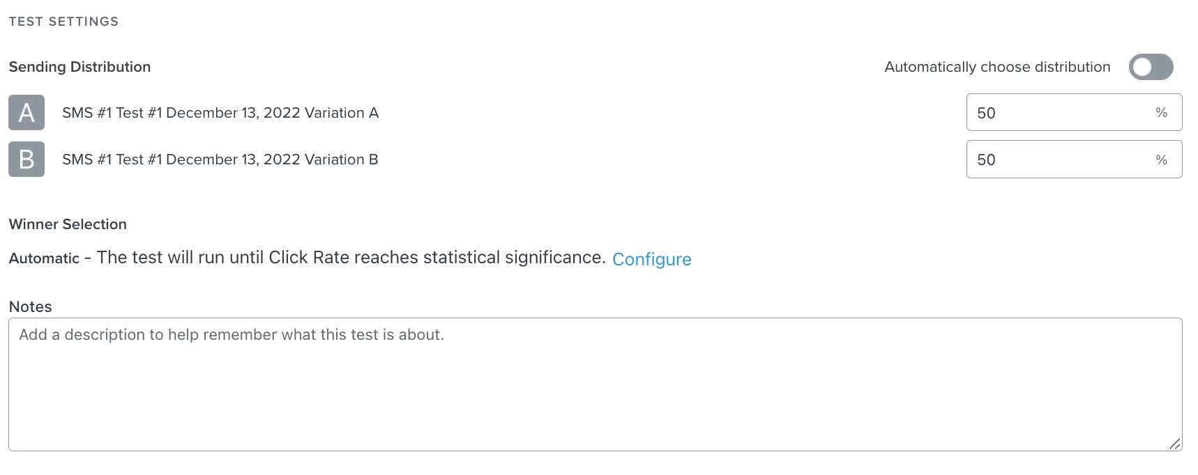 Opciones de envío de pruebas A/B en la página de configuración