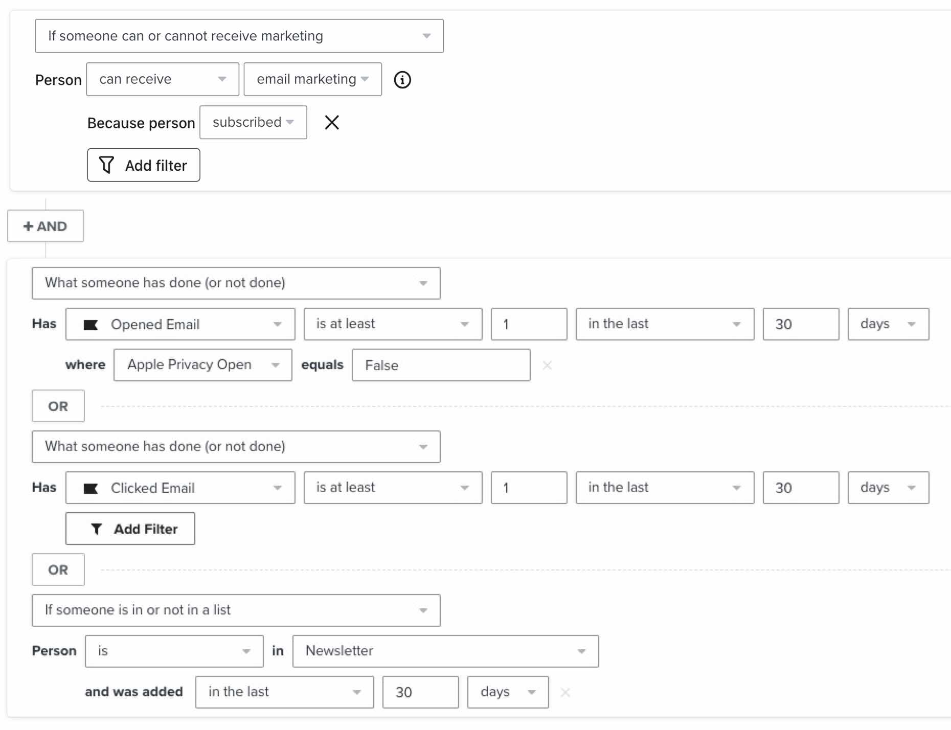 Individuals that are a part of your main newsletter list, and have opened, clicked, or been added to the newsletter list in the 30 days