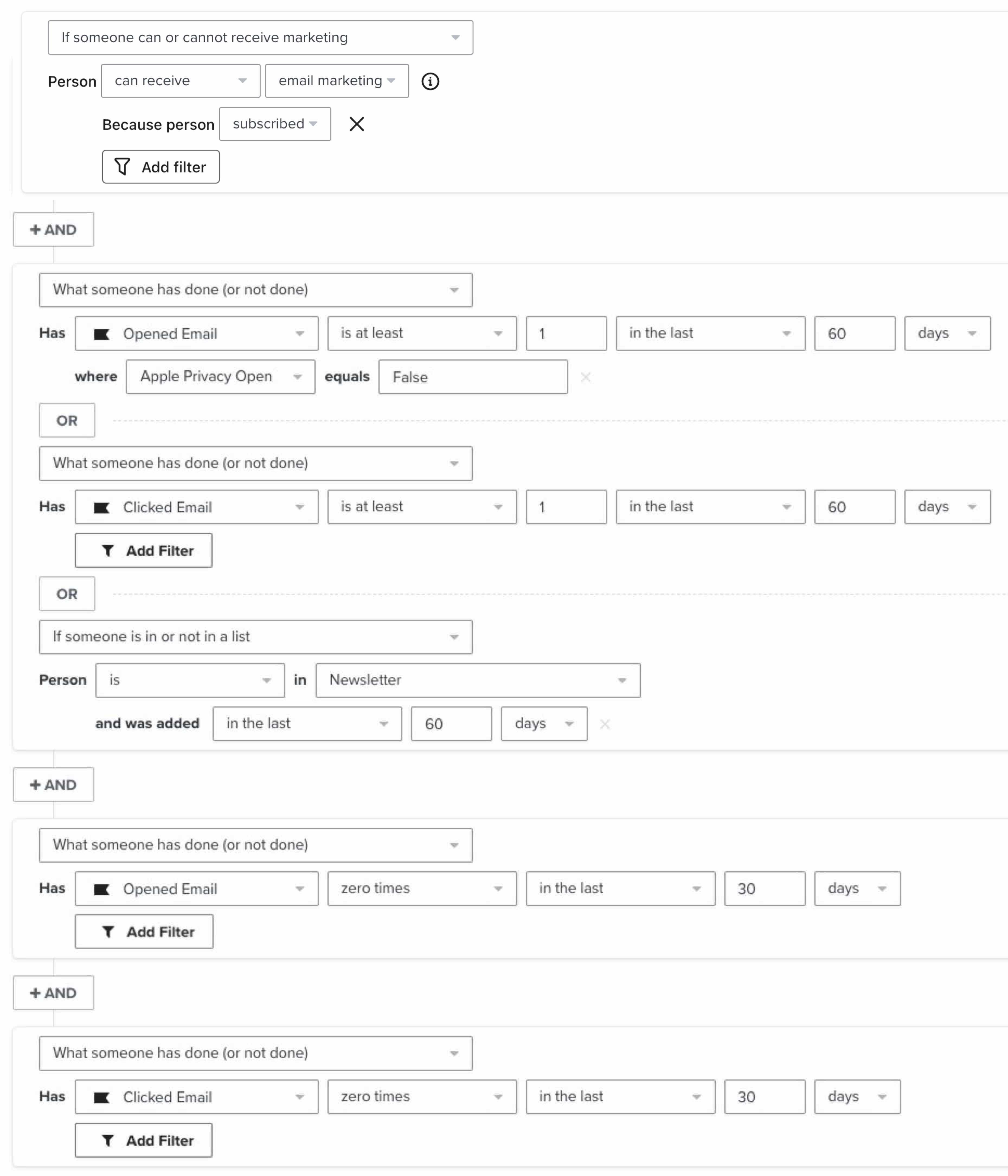 Subscribers who joined more than 30 days ago, and have opened, clicked, or susbcribed between 30 and 60 days ago