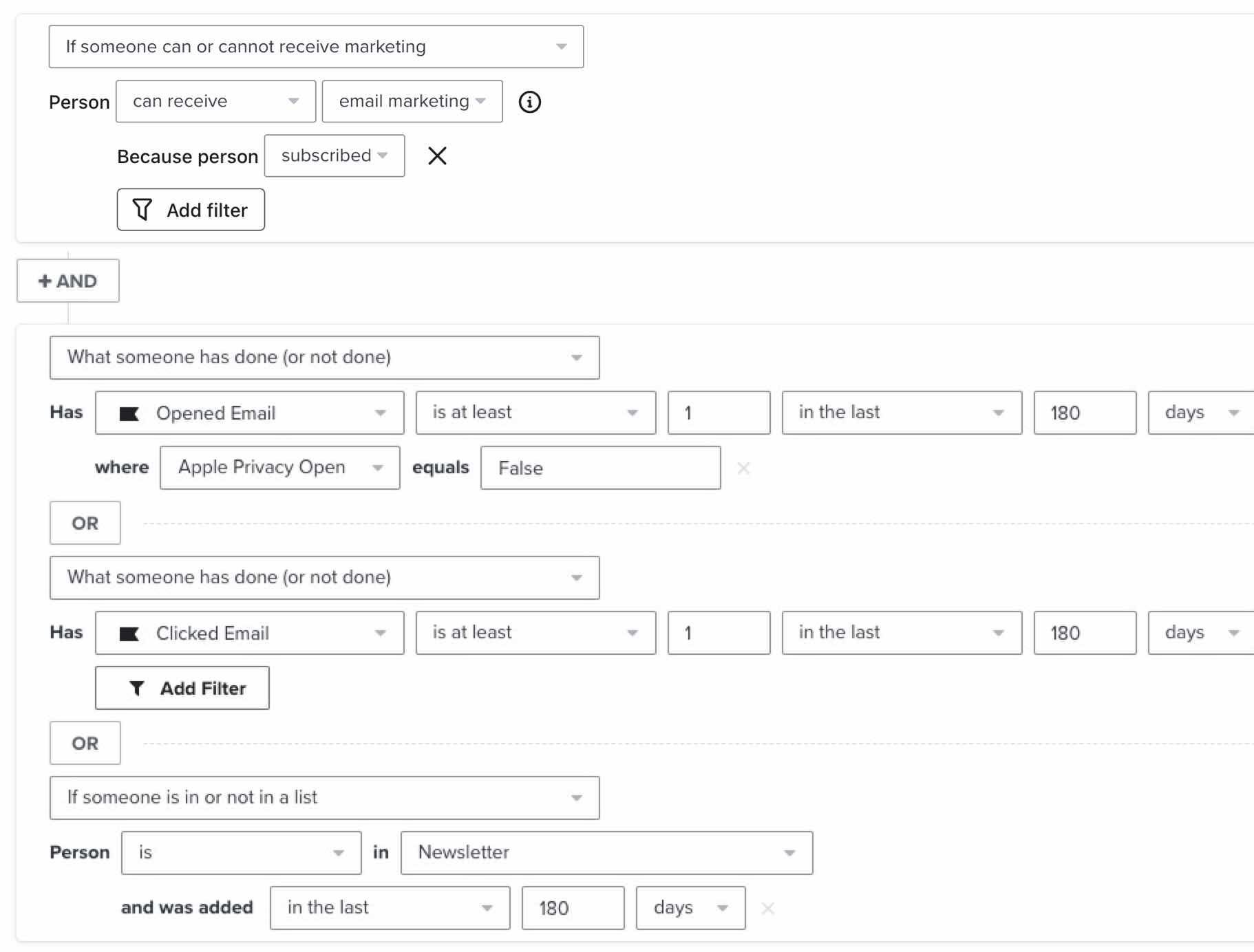 Subscribers who have opened, clicked, been added to your newsletter list in the last 180 days