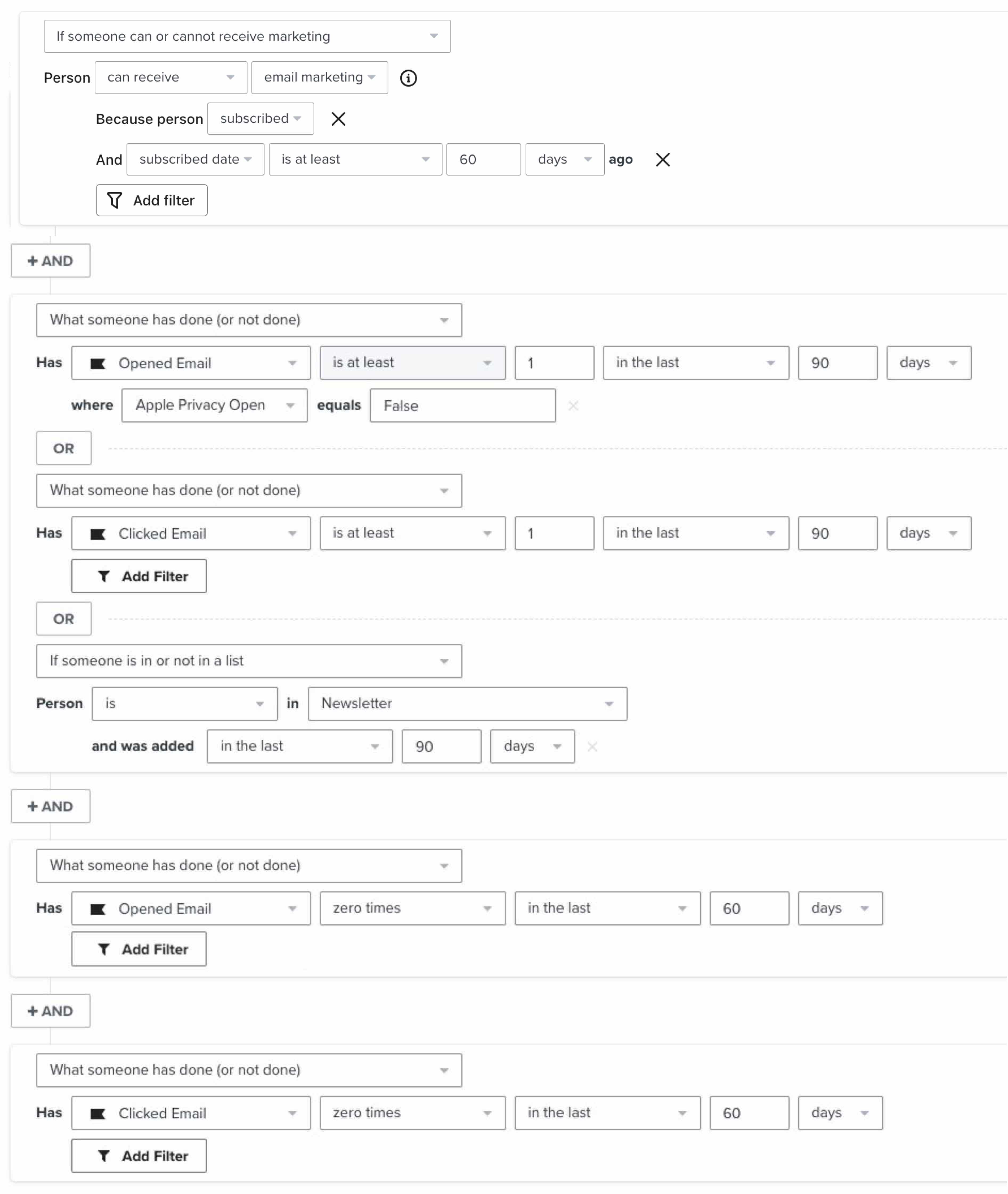 La définition du segment track B pour une marque qui envoie 3 fois par semaine