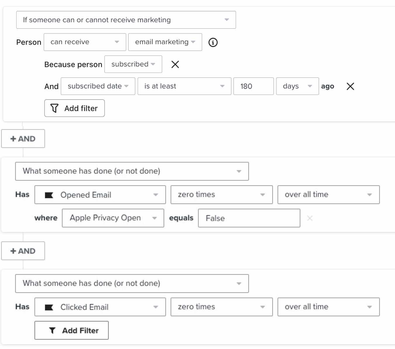 Les personnes qui font partie de votre liste de diffusion principale et qui ont été ajoutées il y a plus de 180 jours, mais qui n'ont jamais ouvert ou cliqué sur un e-mail.