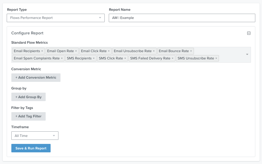 Uma visualização do relatório Flow Performance Flow com a capacidade de personalizar por métricas padrão do Klaviyo e de conversão, agrupamentos e período de tempo