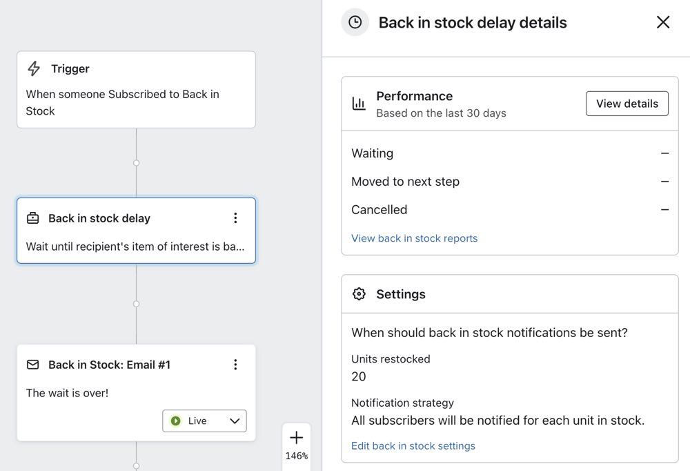 Clicking on the Back in Stock Delay element in the flow editor will show how many people are waiting to progress through the flow