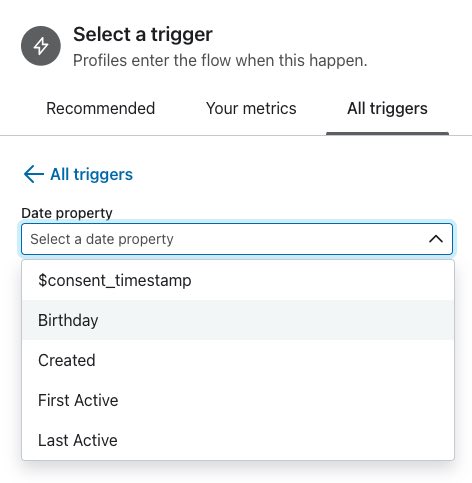 No menu Trigger Setup (Configuração do acionador), o senhor pode escolher uma propriedade de data no menu suspenso, como uma propriedade Birthday (Aniversário), se ela existir em sua conta