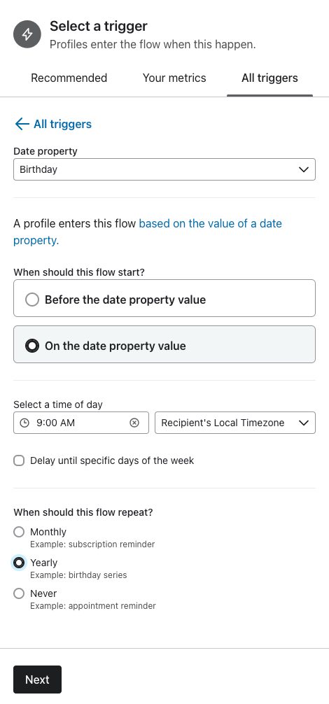 A opção Yearly (Anual) deve ser selecionada na seção "When should this flow repeat" (Quando esse fluxo deve ser repetido)