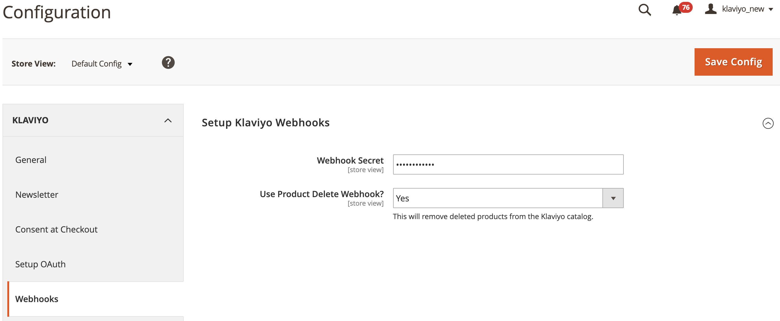 Imagen que muestra la pestaña Webhooks del panel de configuración de la tienda.