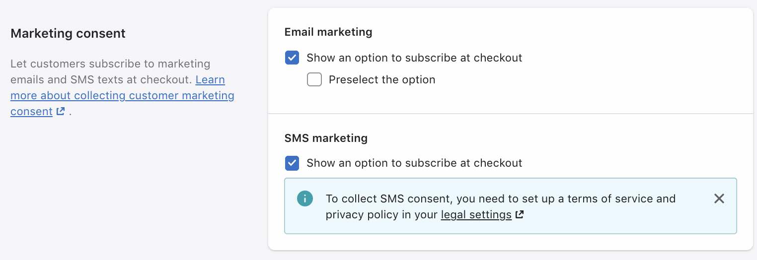 Paramètre de consentement marketing dans Shopify. L’option d’inscription sur la page de commande sous SMS marketing est cochée.