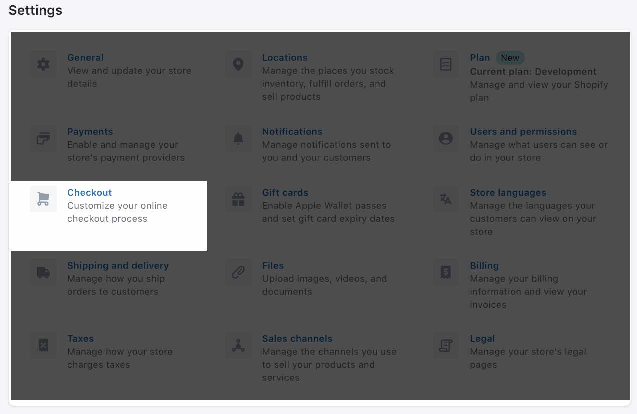Página de configurações no admin da Shopify com todos os cartões acinzentados, exceto o cartão Checkout, que tem um fundo branco