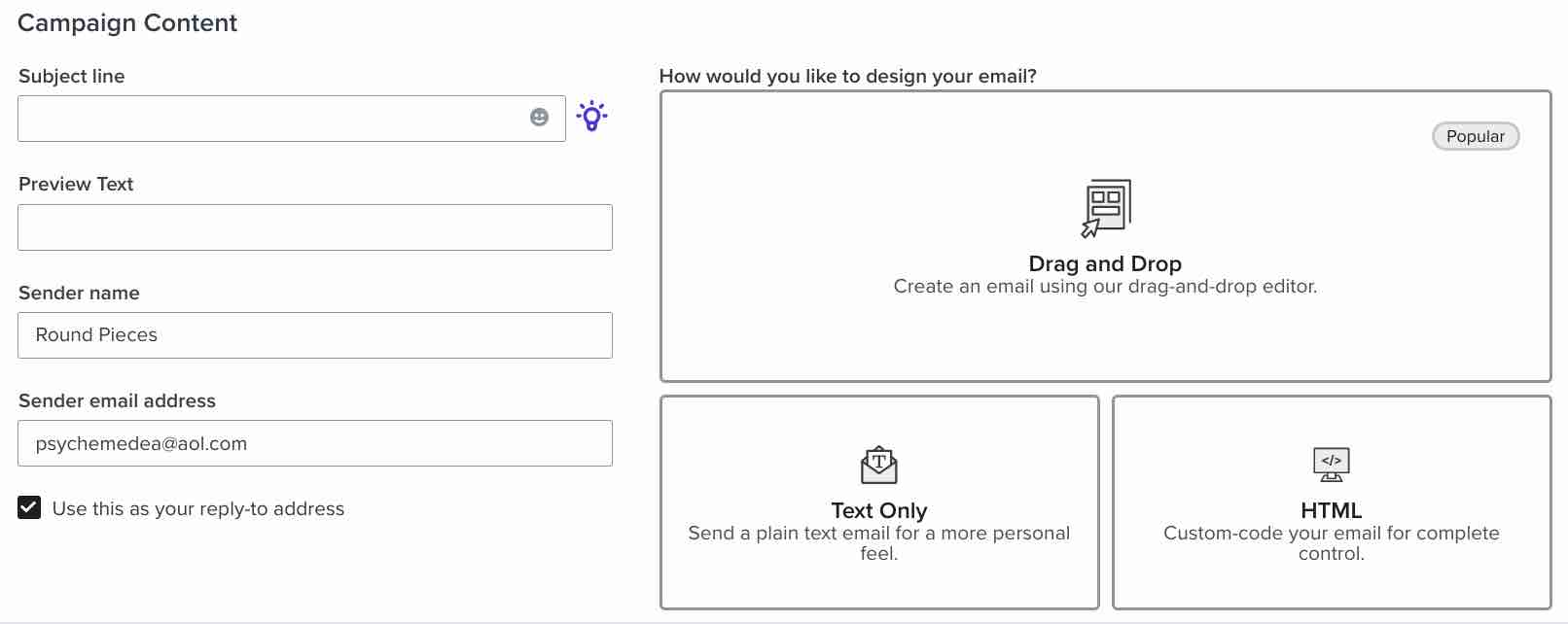 Inside the campaign editor with fields to setup sender name, email address, subject, and preview text