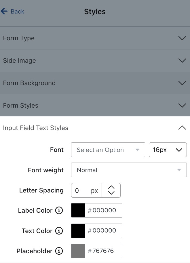 The Input Field Text Styles section of the Styles tab for an example form in the form editor.