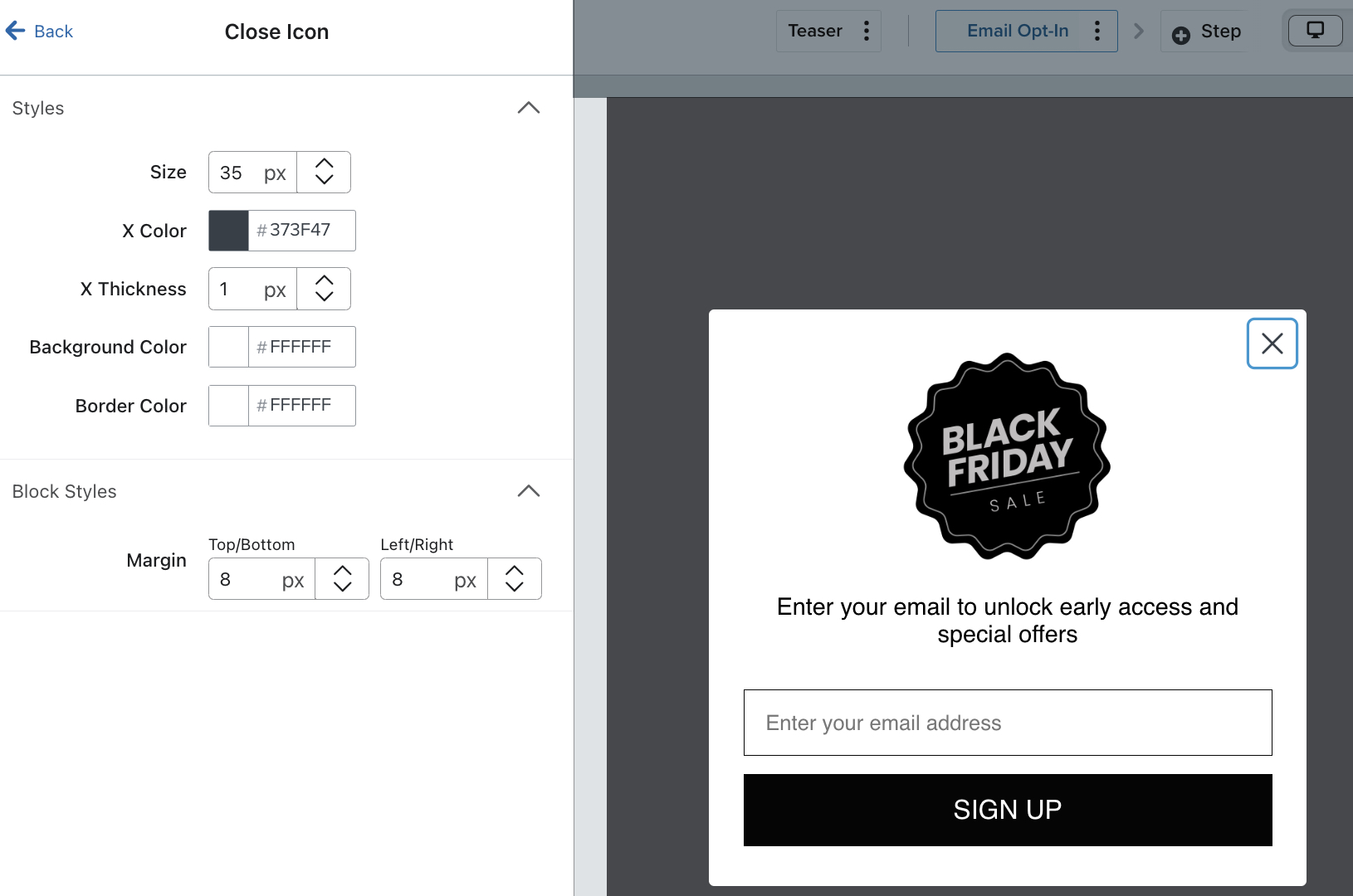 The close icon selected on a sign-up form within the form editor and the corresponding Close Icon menu showing.