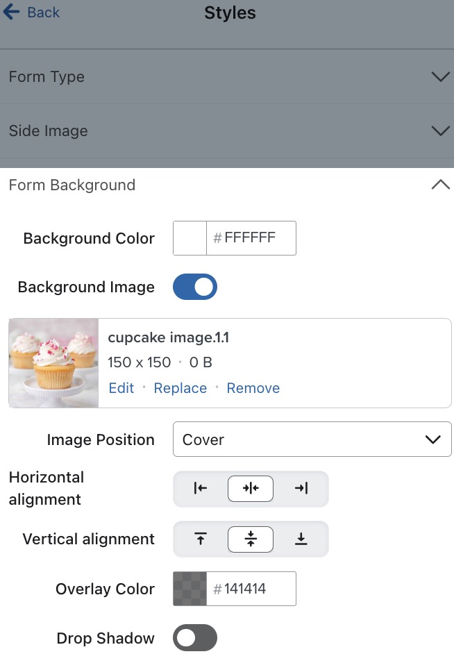 Il menu Sfondo modulo nella scheda Stili con l'immagine di sfondo attivata e un'immagine di esempio selezionata.