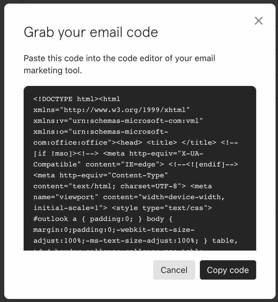 Obtenha seu pop-up de código de e-mail no Typeform com código branco e fundo preto