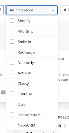 Integrations dropdown that allows you to select specific integrations to filter for during flow search