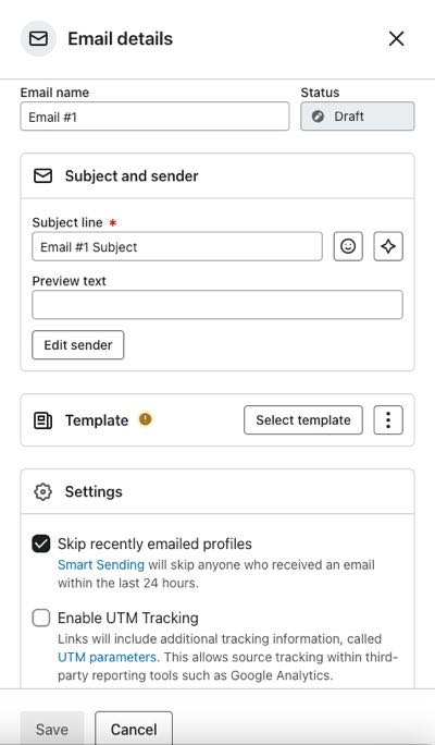 An example of a flow series with time delay steps built in between email sends to prevent actions from occurring back to back