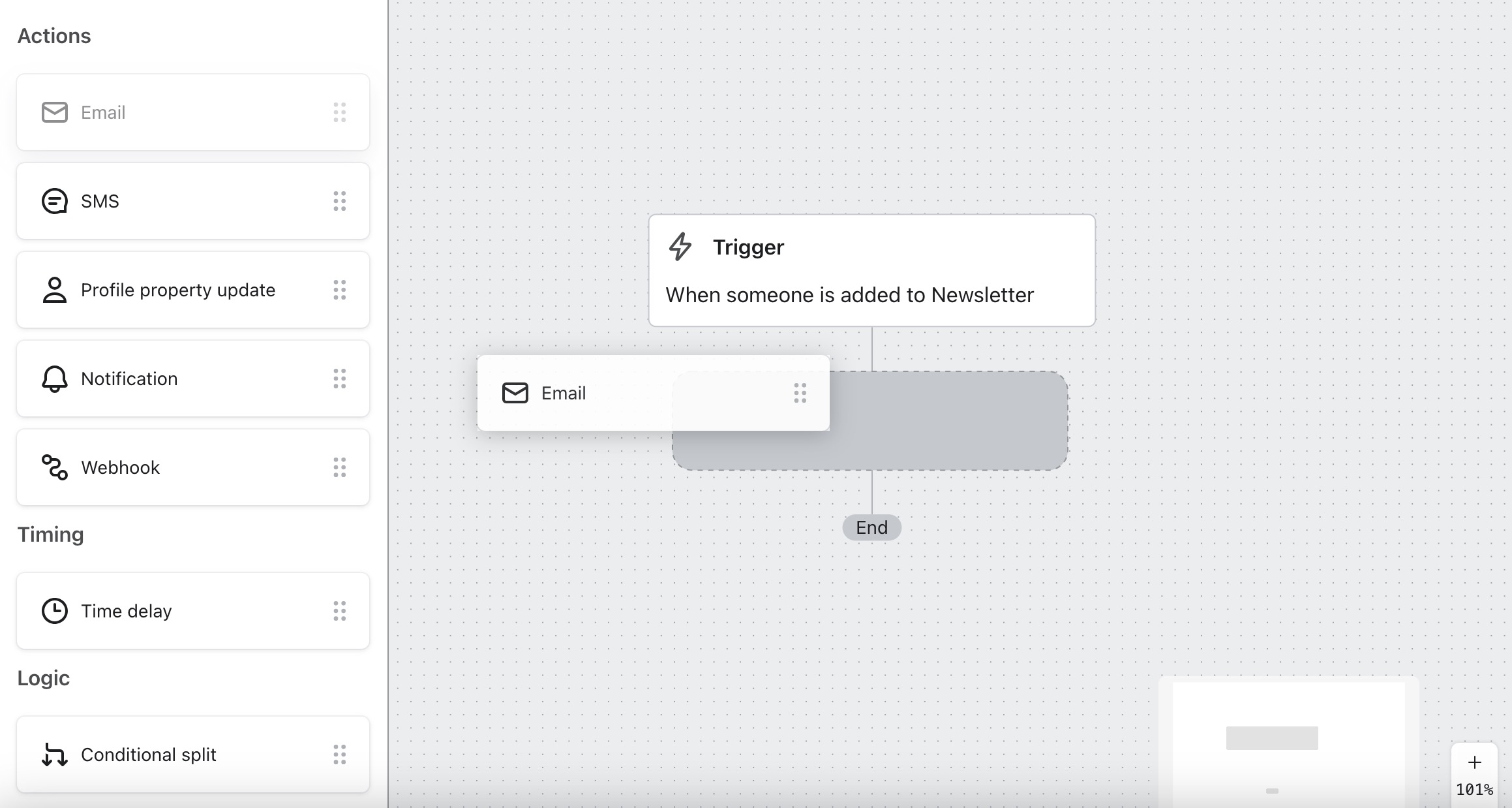 Lorsque vous êtes dans un flux, si vous cliquez sur un composant dans la barre latérale de gauche et que vous le faites glisser sur le support visuel, il devient vert.