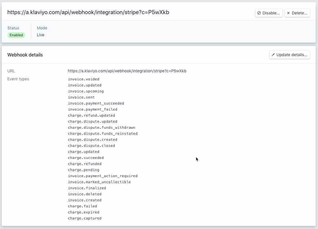 Stripe webhook page with status Enabled highlighted in green