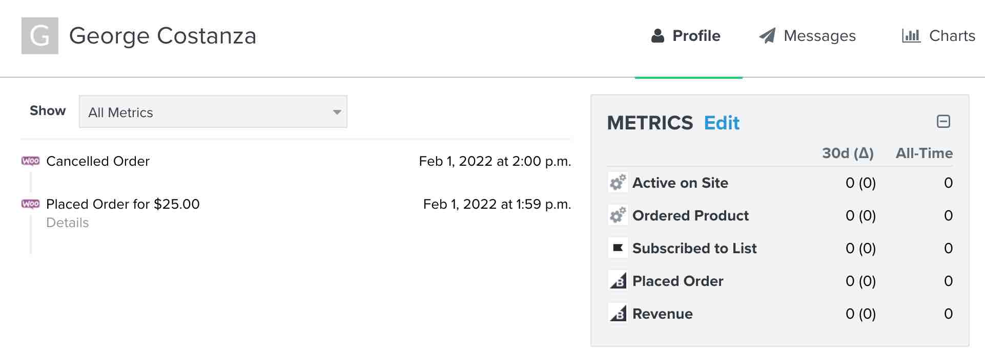 Profile for George Costanza showing cancelled order and placed order metrics