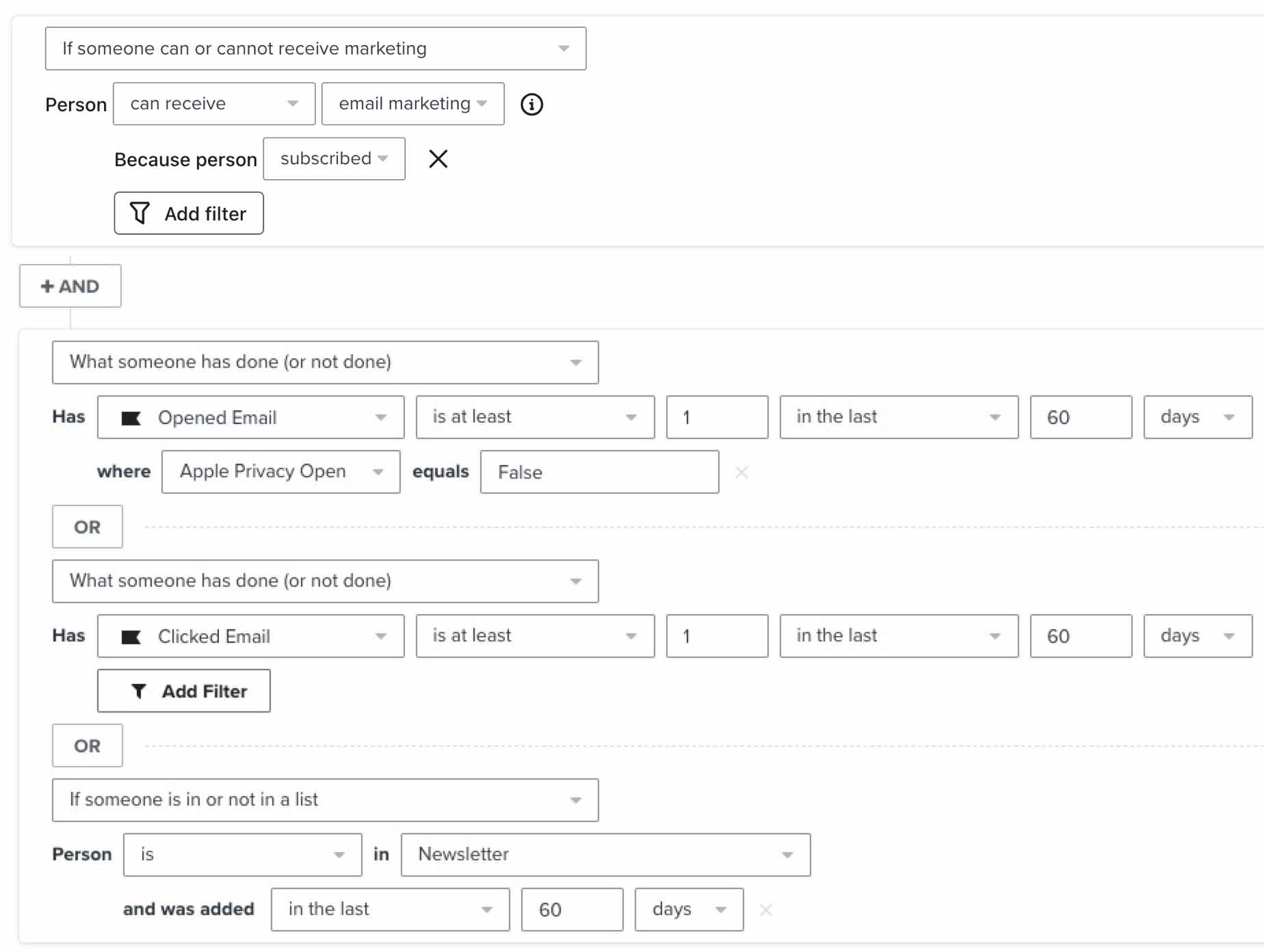 subscribers that are part of your main newsletter list and have opened, clicked, or been added to the newsletter list in the past 60 days