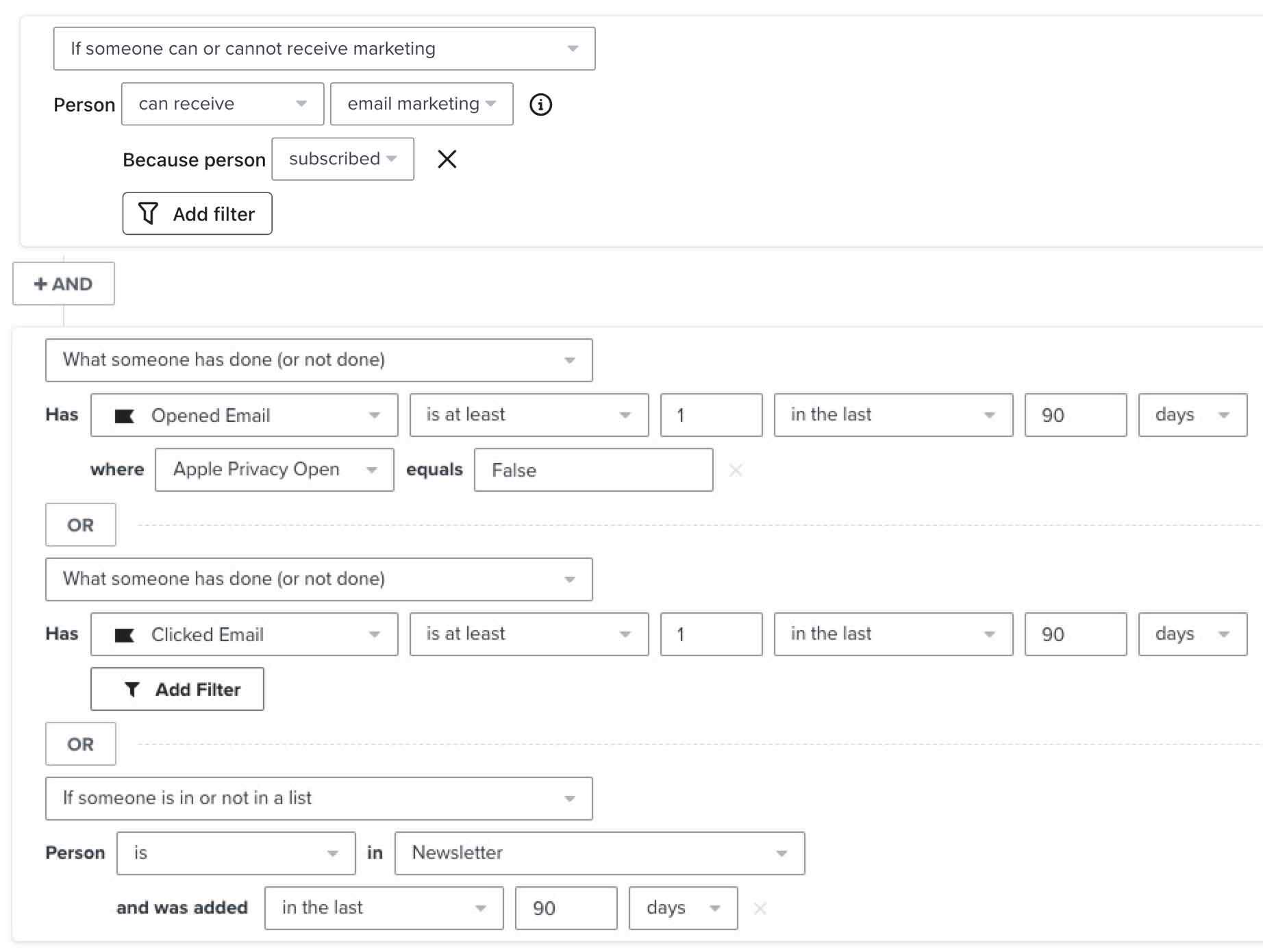 Subscribers that are a part of your main newsletter list and have opened, clicked, or been added to the newsletter list in the 90 days.